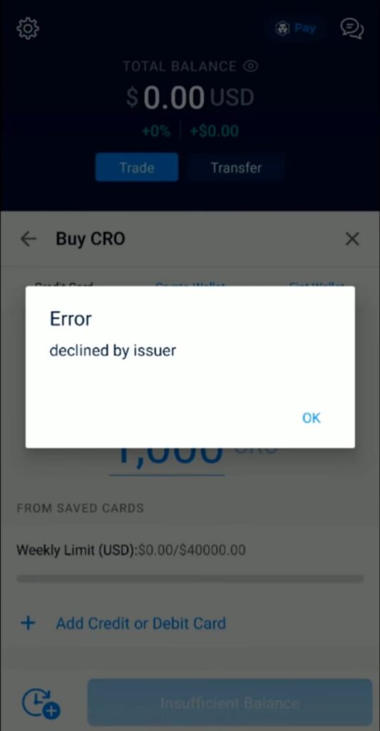 Crypto.com Error Declined by Issuer