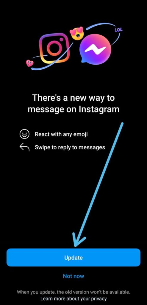 Instagram messenger update not showing